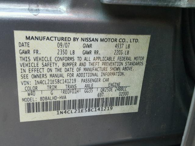 1N4CL21E58C141219 - 2008 NISSAN ALTIMA HYB GRAY photo 10