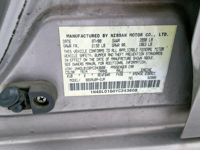 1N4DL01D0YC243608 - 2000 NISSAN ALTIMA XE GRAY photo 10