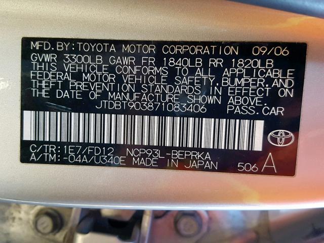 JTDBT903871083406 - 2007 TOYOTA YARIS ვერცხლისფერი ფოტო 10