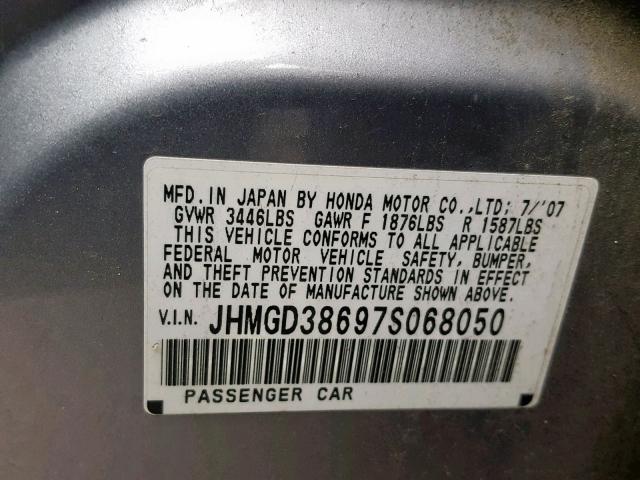 JHMGD38697S068050 - 2007 HONDA FIT S GRAY photo 10