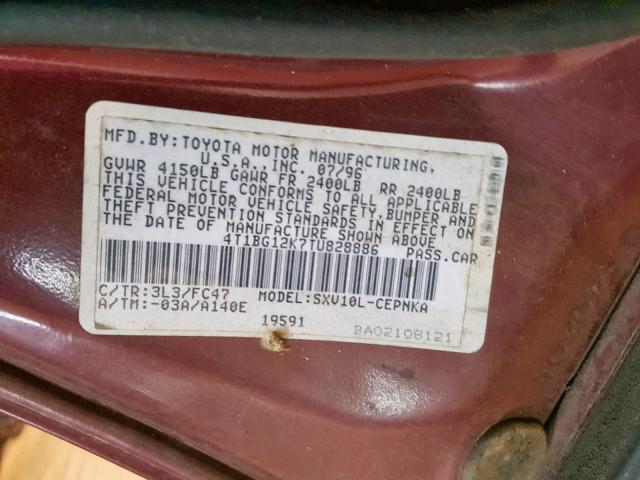 4T1BG12K7TU828886 - 1996 TOYOTA CAMRY DX MAROON photo 10