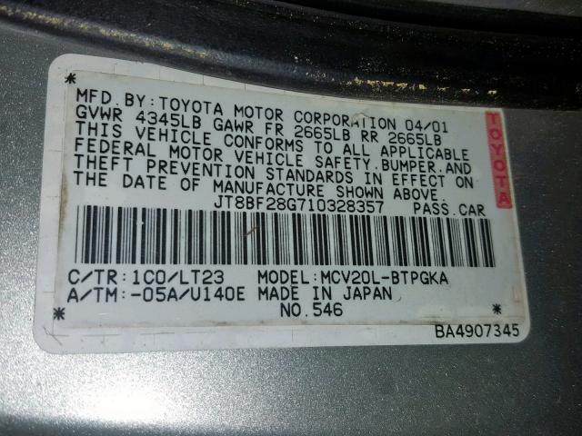 JT8BF28G710328357 - 2001 LEXUS ES 300 SILVER photo 10