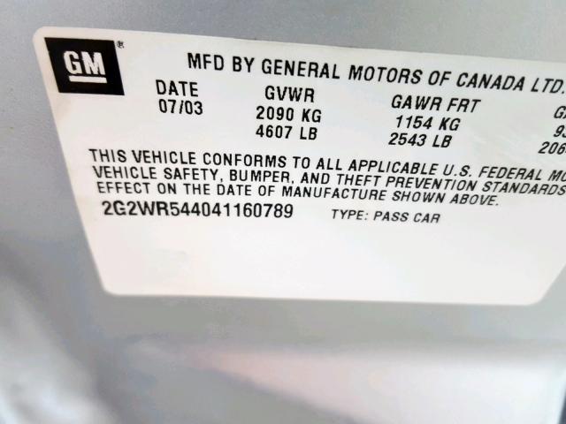 2G2WR544041160789 - 2004 PONTIAC GRAND PRIX SILVER photo 10