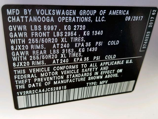 1V2RR2CA4JC528815 - 2018 VOLKSWAGEN ATLAS SEL Ağ foto 10