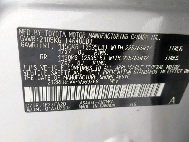 2T3RFREV4FW369768 - 2015 TOYOTA RAV4 XLE GRAY photo 10