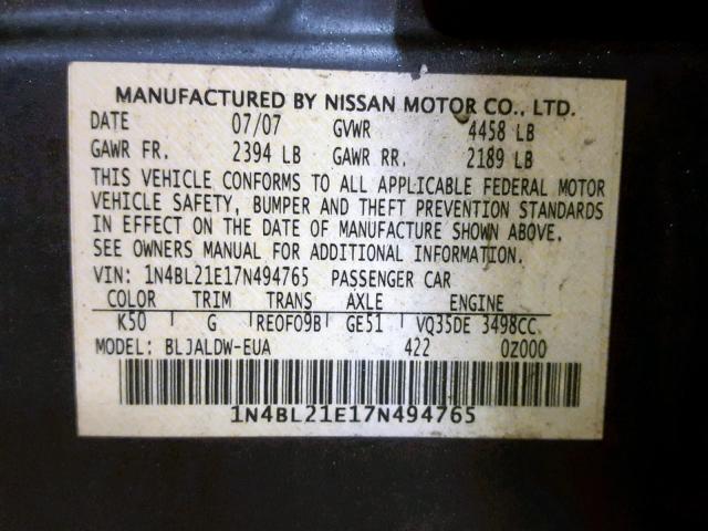 1N4BL21E17N494765 - 2007 NISSAN ALTIMA 3.5 BLUE photo 10