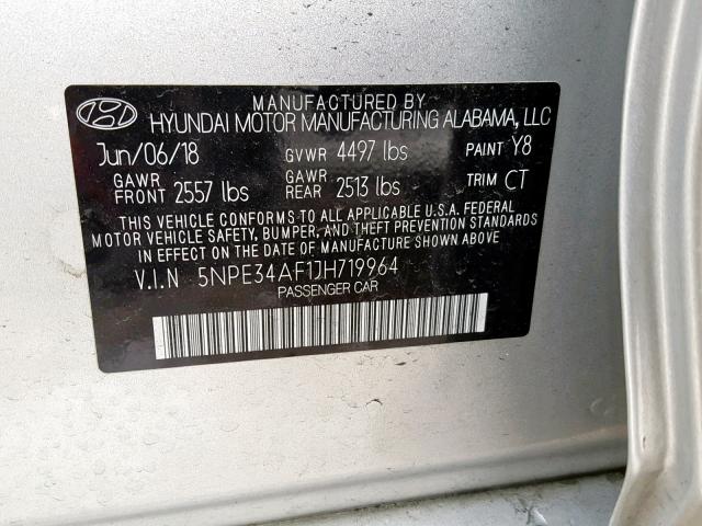 5NPE34AF1JH719964 - 2018 HYUNDAI SONATA SPO SILVER photo 10