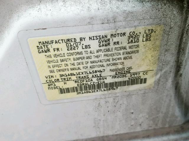 3N1AB61EX7L658467 - 2007 NISSAN SENTRA 2.0 WHITE photo 10