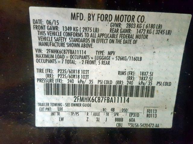 2FMHK6C87FBA11114 - 2015 FORD FLEX SEL BLACK photo 10