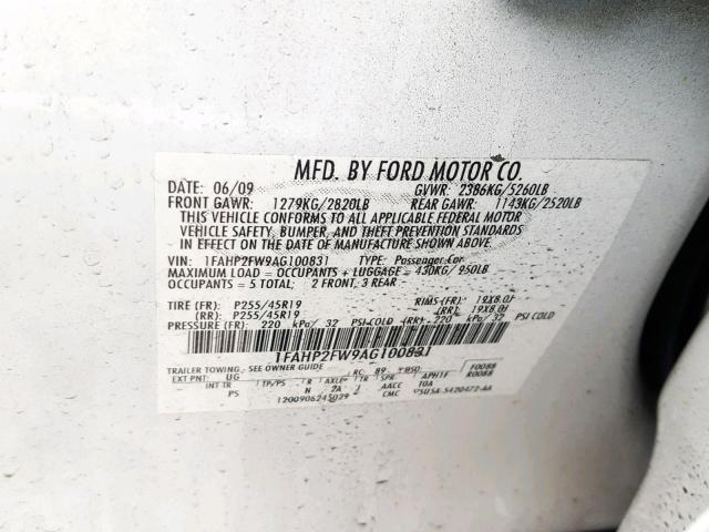 1FAHP2FW9AG100831 - 2010 FORD TAURUS LIM WHITE photo 10