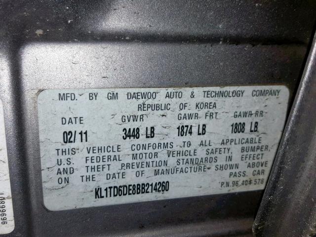 KL1TD6DE8BB214260 - 2011 CHEVROLET AVEO LS GRAY photo 10