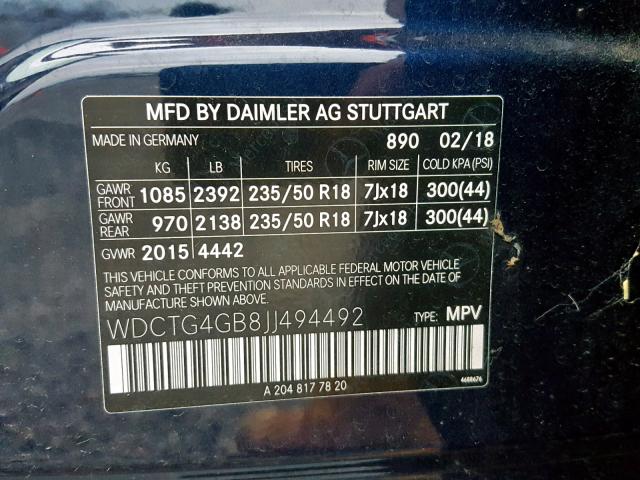 WDCTG4GB8JJ494492 - 2018 MERCEDES-BENZ GLA 250 4M BLUE photo 10