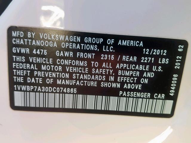 1VWBP7A30DC074865 - 2013 VOLKSWAGEN PASSAT SE WHITE photo 10