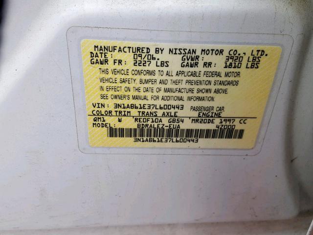 3N1AB61E37L600443 - 2007 NISSAN SENTRA 2.0 WHITE photo 10