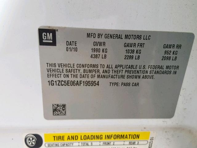 1G1ZC5E06AF195954 - 2010 CHEVROLET MALIBU 1LT 白色 照片 10