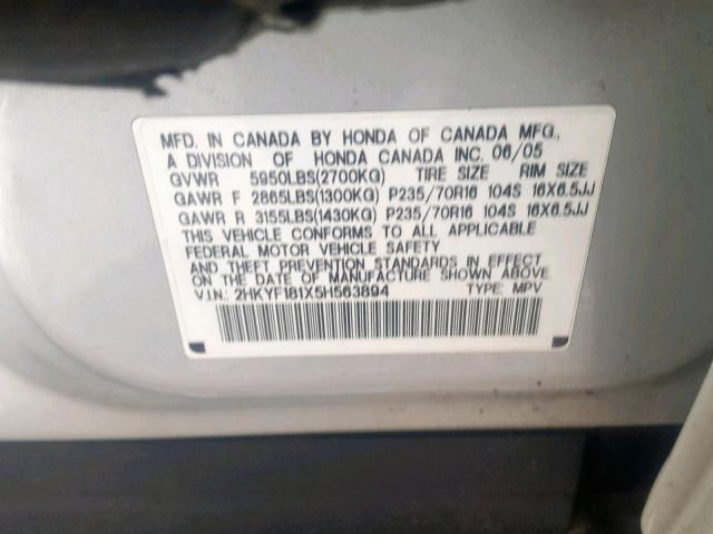 2HKYF181X5H563894 - 2005 HONDA PILOT LX 银色 照片 10