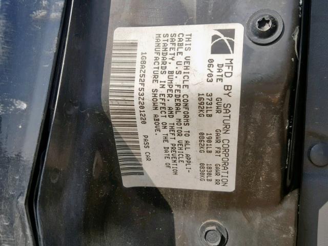 1G8AZ52F53Z201220 - 2003 SATURN ION LEVEL BLACK photo 10