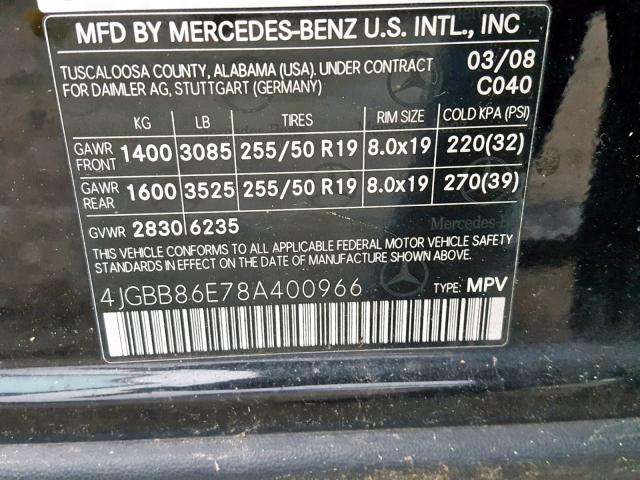 4JGBB86E78A400966 - 2008 MERCEDES-BENZ ML 350 BLACK photo 10