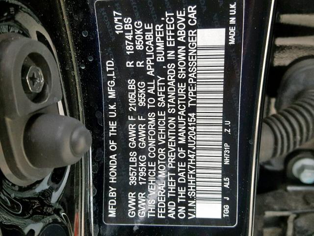 SHHFK7H47JU204154 - 2018 HONDA CIVIC SPOR BLACK photo 10