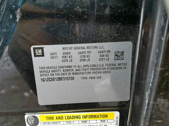 1G1ZC5E12BF319700 - 2011 CHEVROLET MALIBU 1LT BLACK photo 10