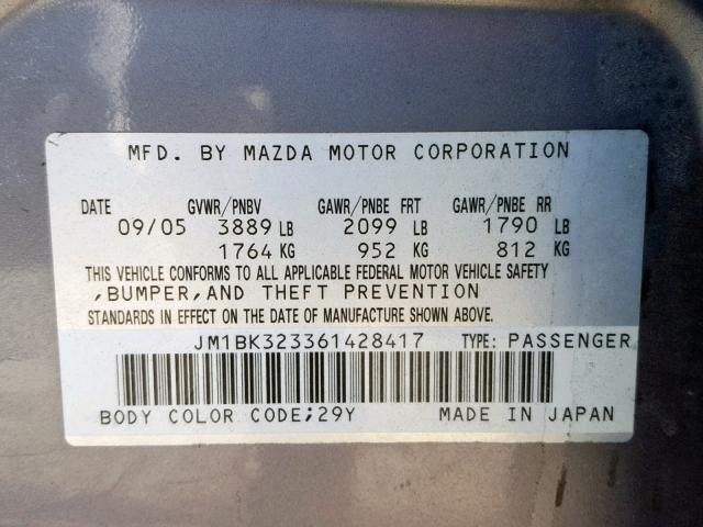 JM1BK323361428417 - 2006 MAZDA 3 S GRAY photo 10