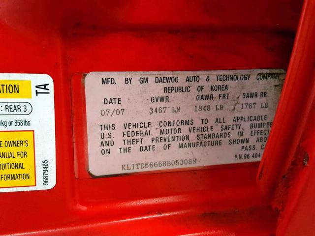 KL1TD56668B053089 - 2008 CHEVROLET AVEO BASE წითელი ფოტო 10