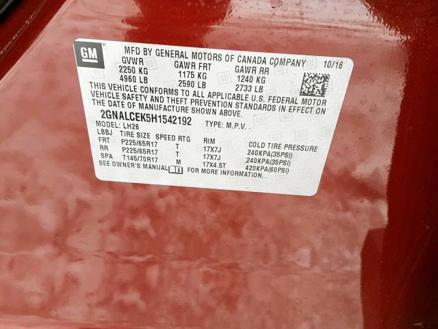 2GNALCEK5H1542192 - 2017 CHEVROLET EQUINOX LT RED photo 10