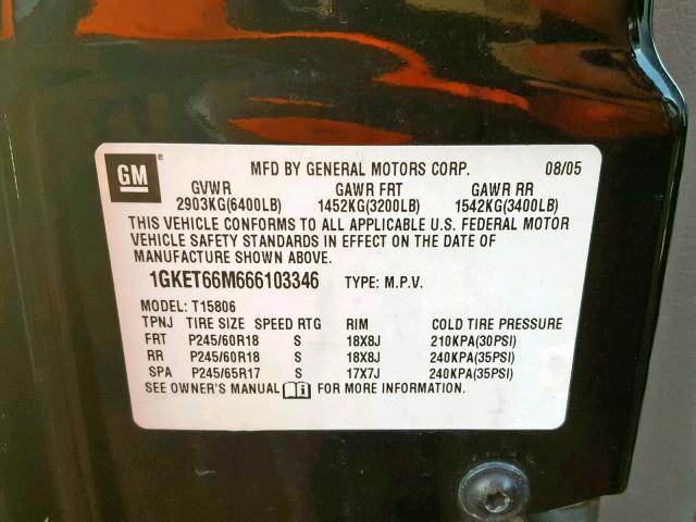 1GKET66M666103346 - 2006 GMC ENVOY DENA BLACK photo 10