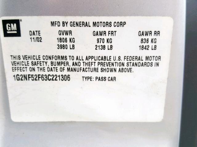 1G2NF52F63C221306 - 2003 PONTIAC GRAND AM S SILVER photo 10