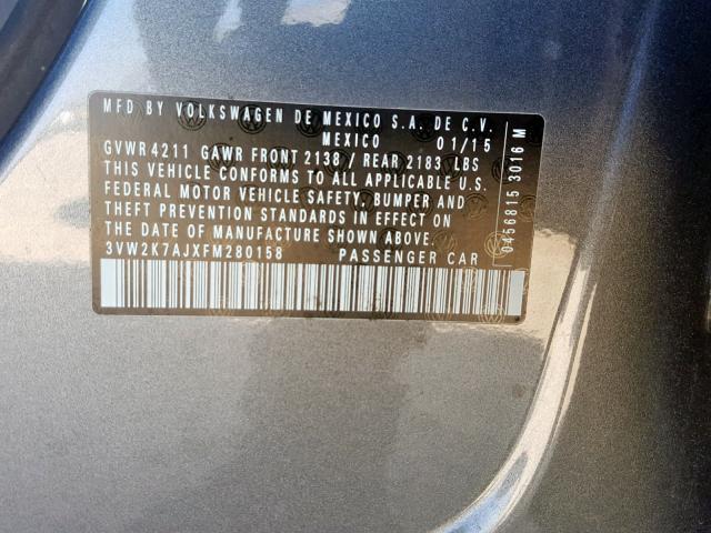 3VW2K7AJXFM280158 - 2015 VOLKSWAGEN JETTA BASE 灰色 照片 10