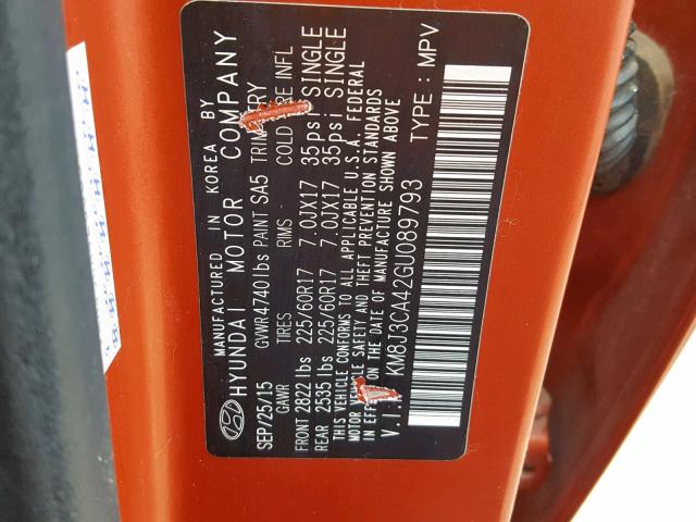 KM8J3CA42GU089793 - 2016 HYUNDAI TUCSON LIM ORANGE photo 10