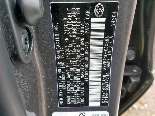 4T1B21HK5JU005313 - 2018 TOYOTA CAMRY HYBR GRAY photo 10