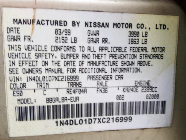 1N4DL01D7XC216999 - 1999 NISSAN ALTIMA XE GOLD photo 10