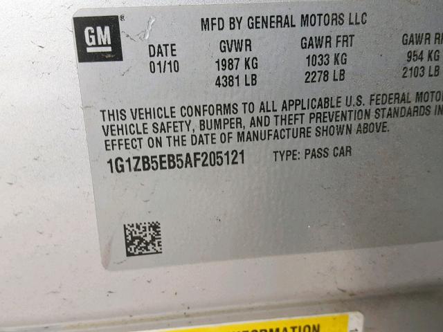 1G1ZB5EB5AF205121 - 2010 CHEVROLET MALIBU LS Күміс фото 10