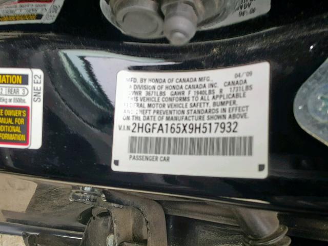 2HGFA165X9H517932 - 2009 HONDA CIVIC LX BLACK photo 10