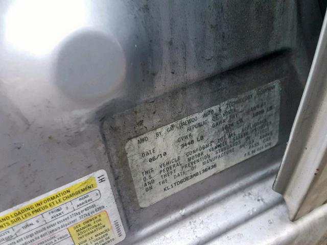 KL1TD6DE3AB136436 - 2010 CHEVROLET AVEO LS SILVER photo 10