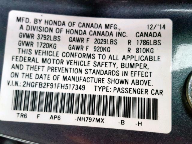 2HGFB2F91FH517349 - 2015 HONDA CIVIC EXL GRAY photo 10