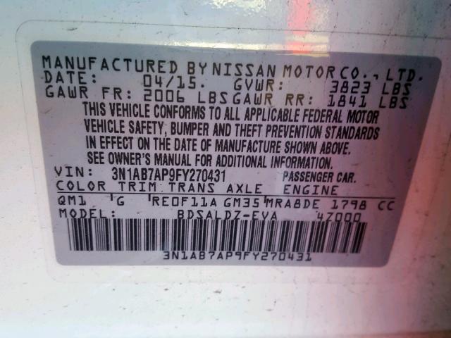 3N1AB7AP9FY270431 - 2015 NISSAN SENTRA S WHITE photo 10