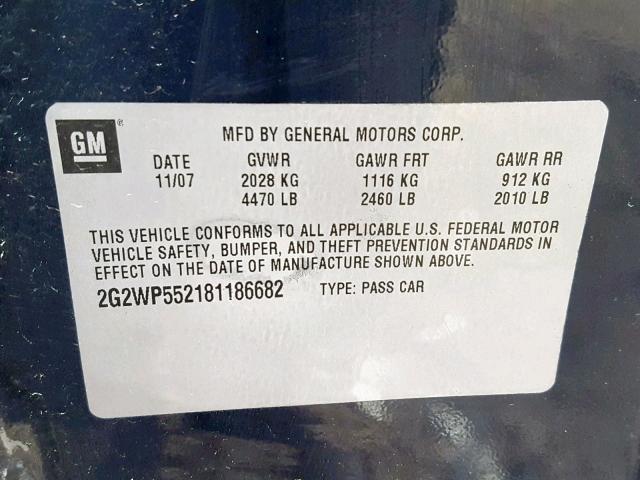 2G2WP552181186682 - 2008 PONTIAC GRAND PRIX BLUE photo 10