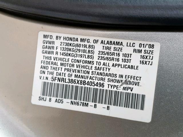 5FNRL386X8B405496 - 2008 HONDA ODYSSEY EX SILVER photo 10