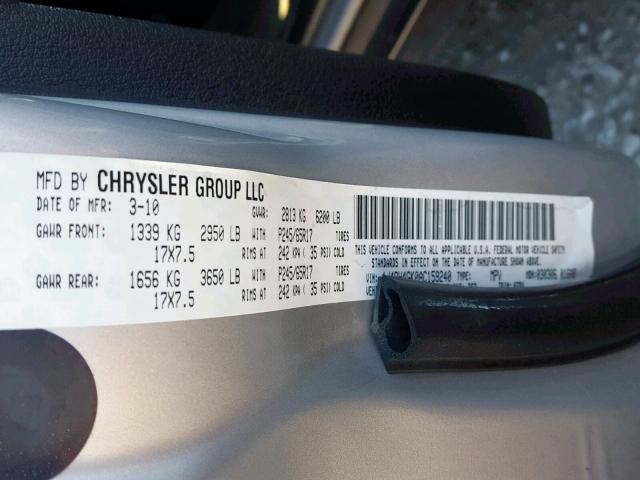 1J4RH4GK0AC159240 - 2010 JEEP COMMANDER SILVER photo 10