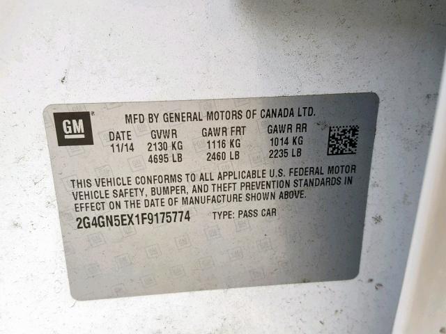 2G4GN5EX1F9175774 - 2015 BUICK REGAL PREM WHITE photo 10