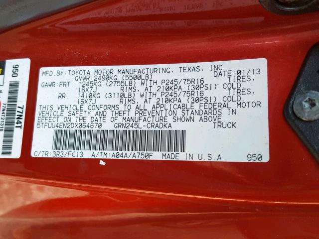 5TFUU4EN2DX064670 - 2013 TOYOTA TACOMA RED photo 10