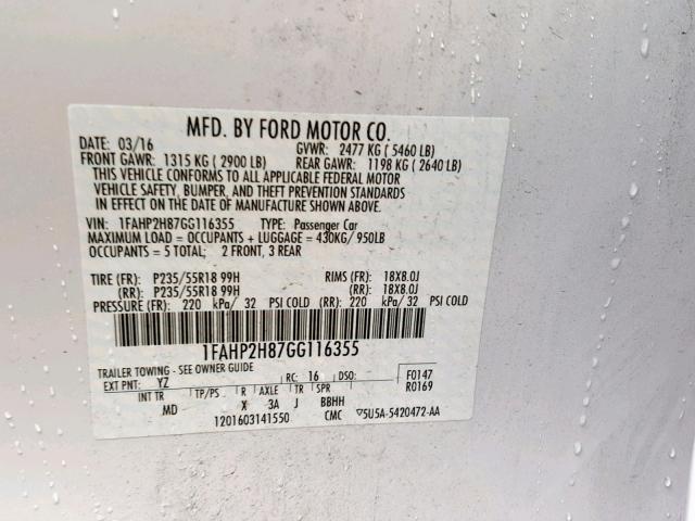 1FAHP2H87GG116355 - 2016 FORD TAURUS SEL WHITE photo 10