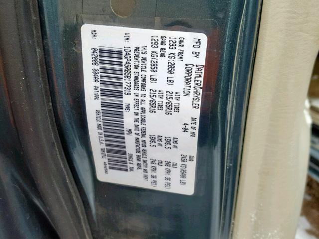 1D4GP45R65B177319 - 2005 DODGE CARAVAN SX BLUE photo 10