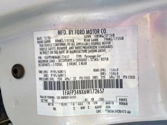 1FAFP34NX6W172657 - 2006 FORD FOCUS ZX4 SILVER photo 10