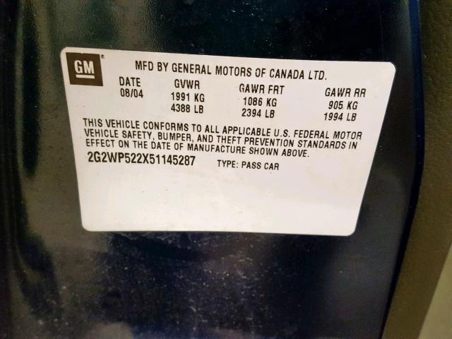 2G2WP522X51145287 - 2005 PONTIAC GRAND PRIX BLUE photo 10