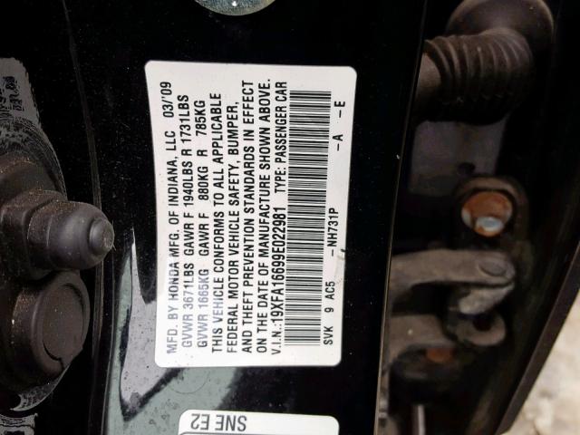 19XFA16699E022981 - 2009 HONDA CIVIC BLACK photo 10