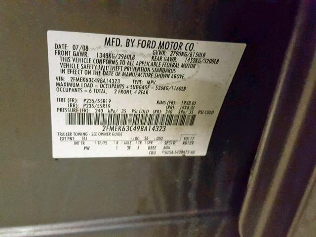 2FMEK63C49BA14323 - 2009 FORD FLEX LIMIT GRAY photo 10