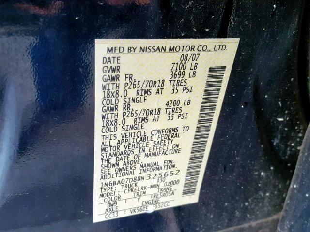 1N6BA07D88N325652 - 2008 NISSAN TITAN XE BLUE photo 10